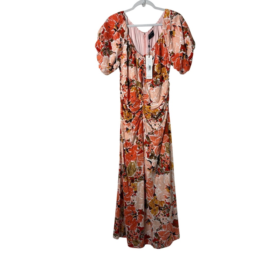 Minkpink Tahlia Midi Dress Size L Orange Floral Linen Viscose Ruched Cut Out NWT